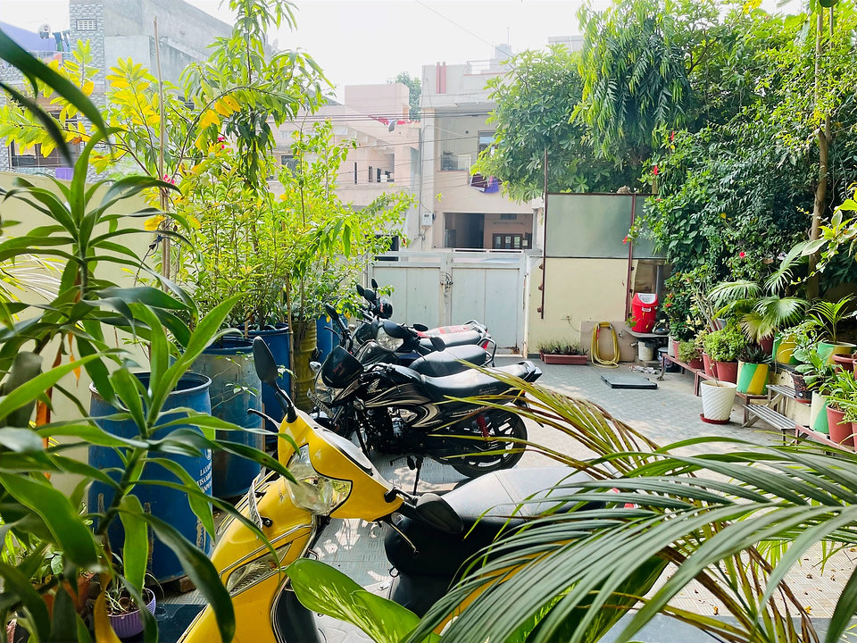 Bike parking inside the compound, greenery around